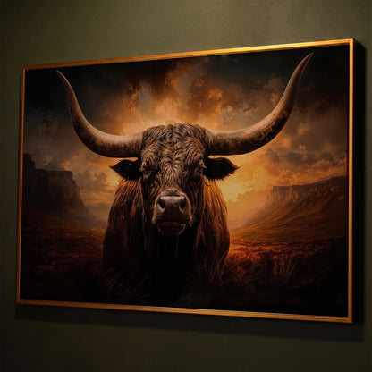 Texas Longhorn Bull Canvas Print shown in antique gold floating frame