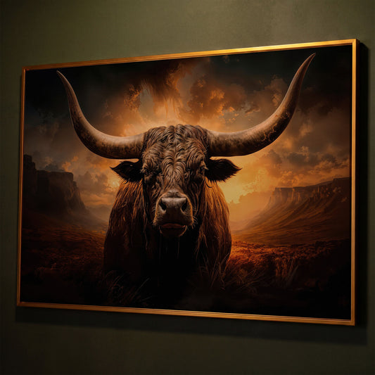 Texas Longhorn Bull Canvas Print shown in antique gold floating frame