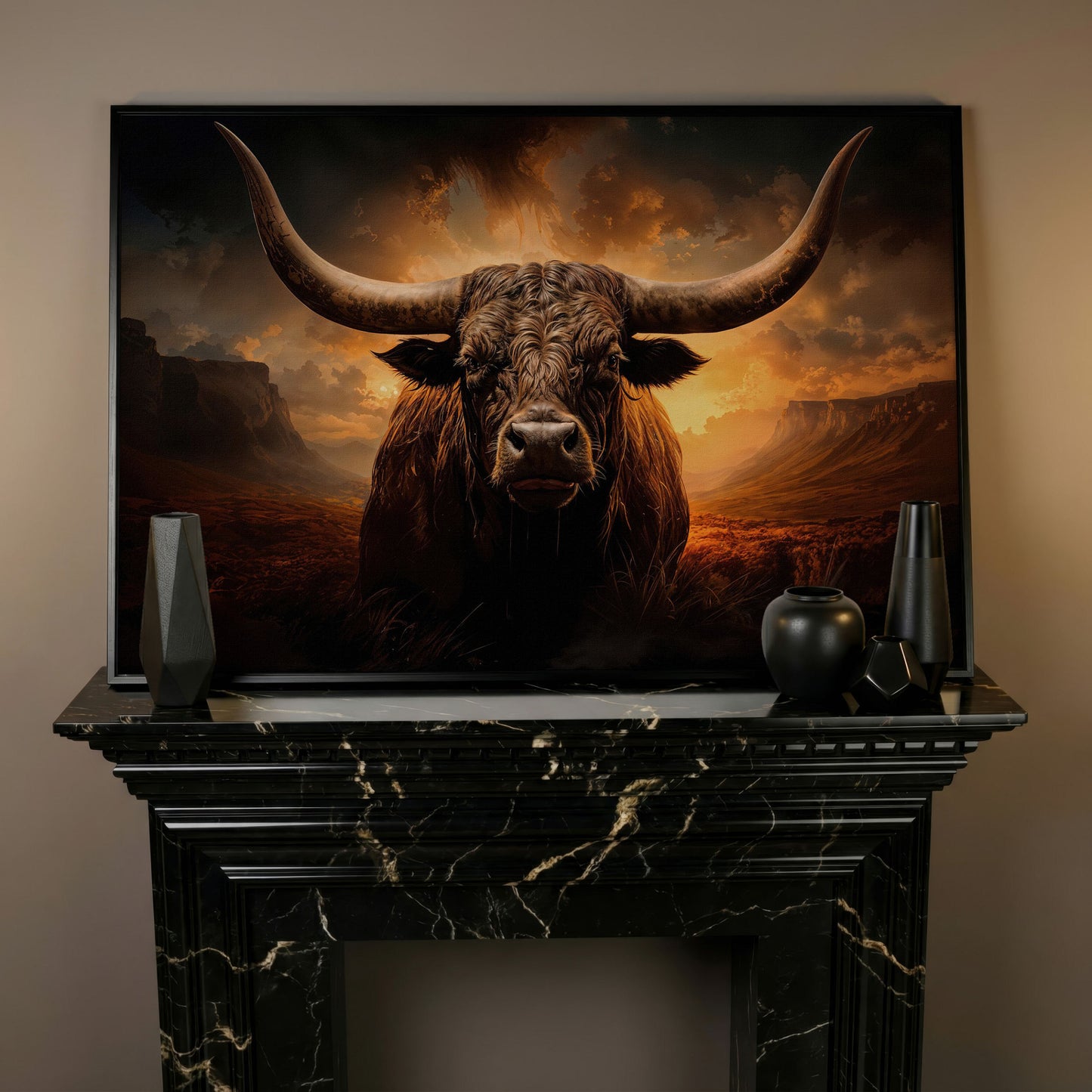 Texas Longhorn Bull Canvas Print in black floating frame