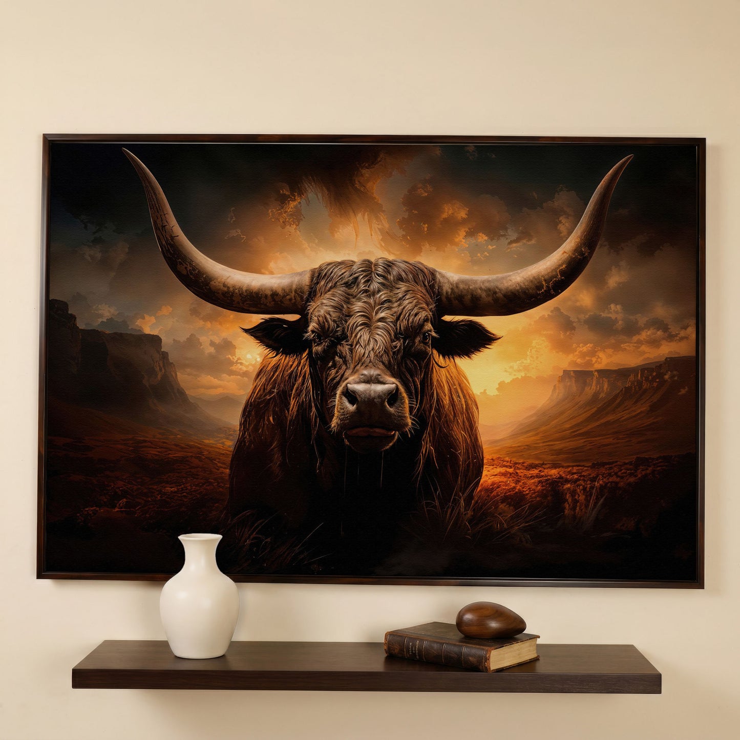 Texas Longhorn Bull Canvas Print in dark walnut floating frame