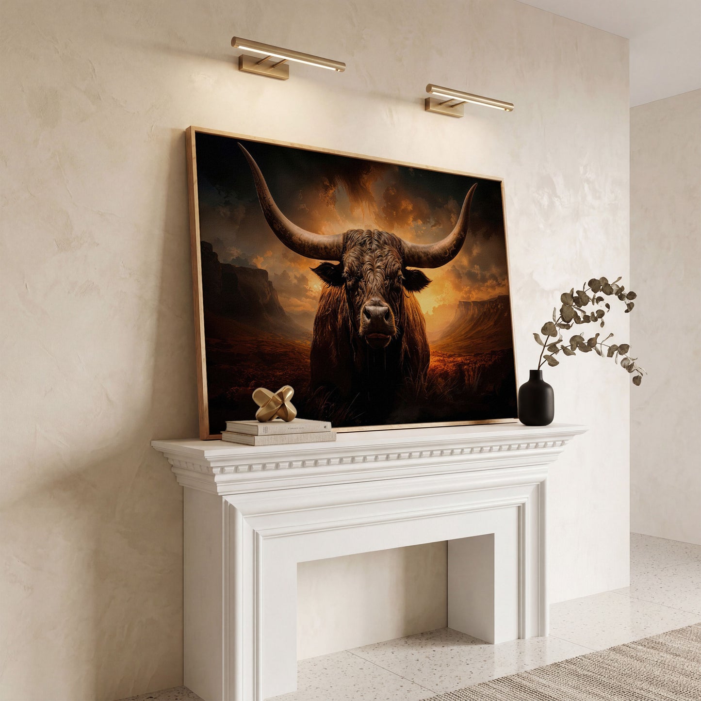 Texas Longhorn Bull Canvas Print in white oak floating frame