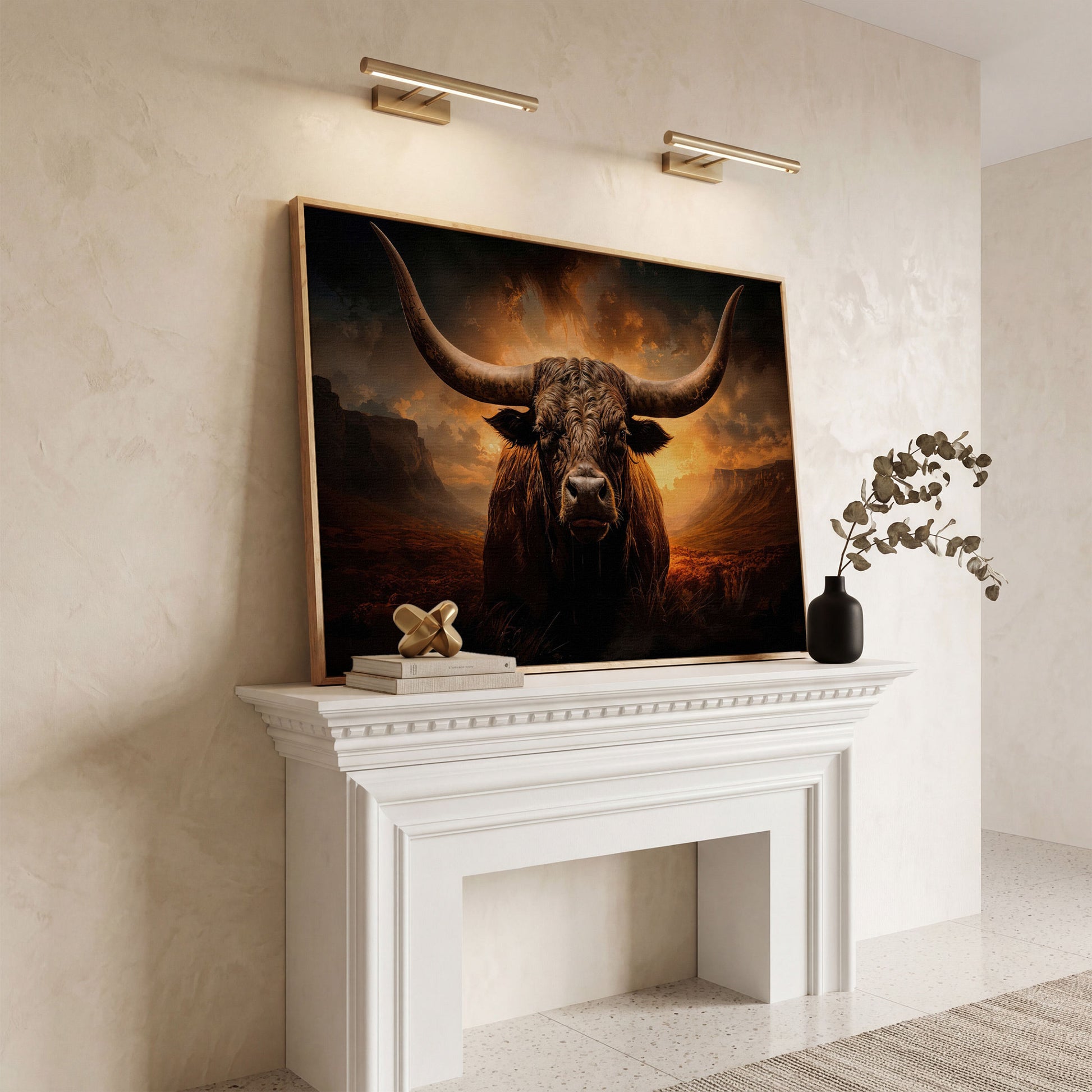 Texas Longhorn Bull Canvas Print in white oak floating frame