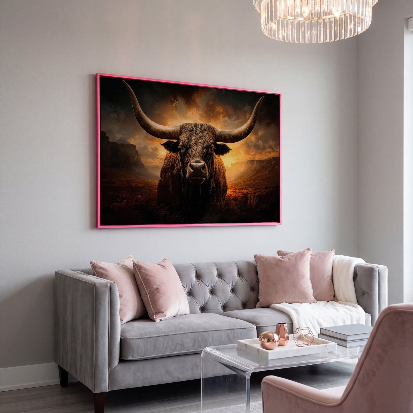 Texas Longhorn Bull Canvas Print in pink floating frame