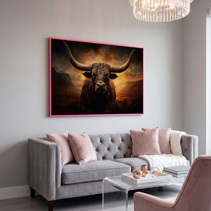 Texas Longhorn Bull Canvas Print in pink floating frame