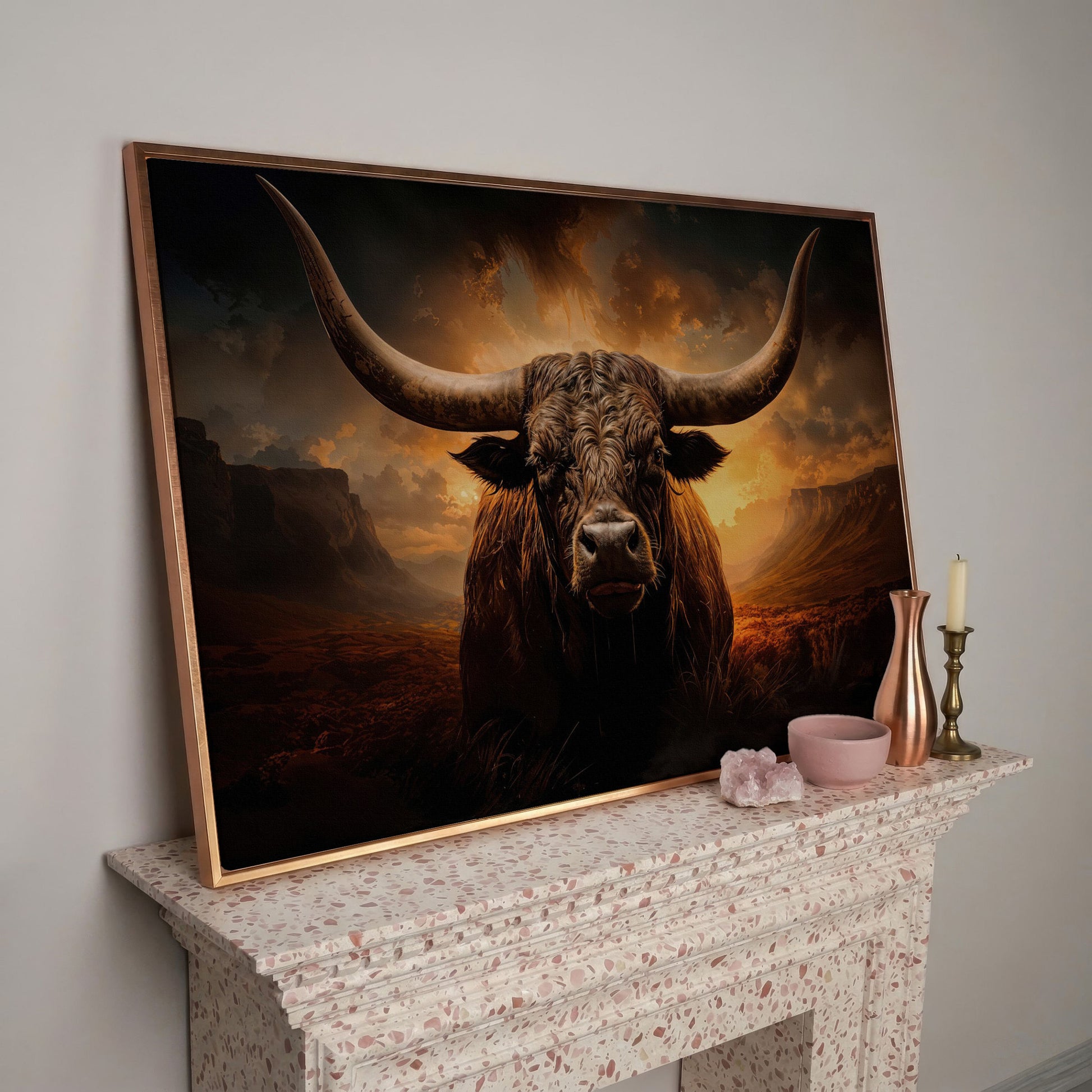 Texas Longhorn Bull Canvas Print in rose gold floating frame
