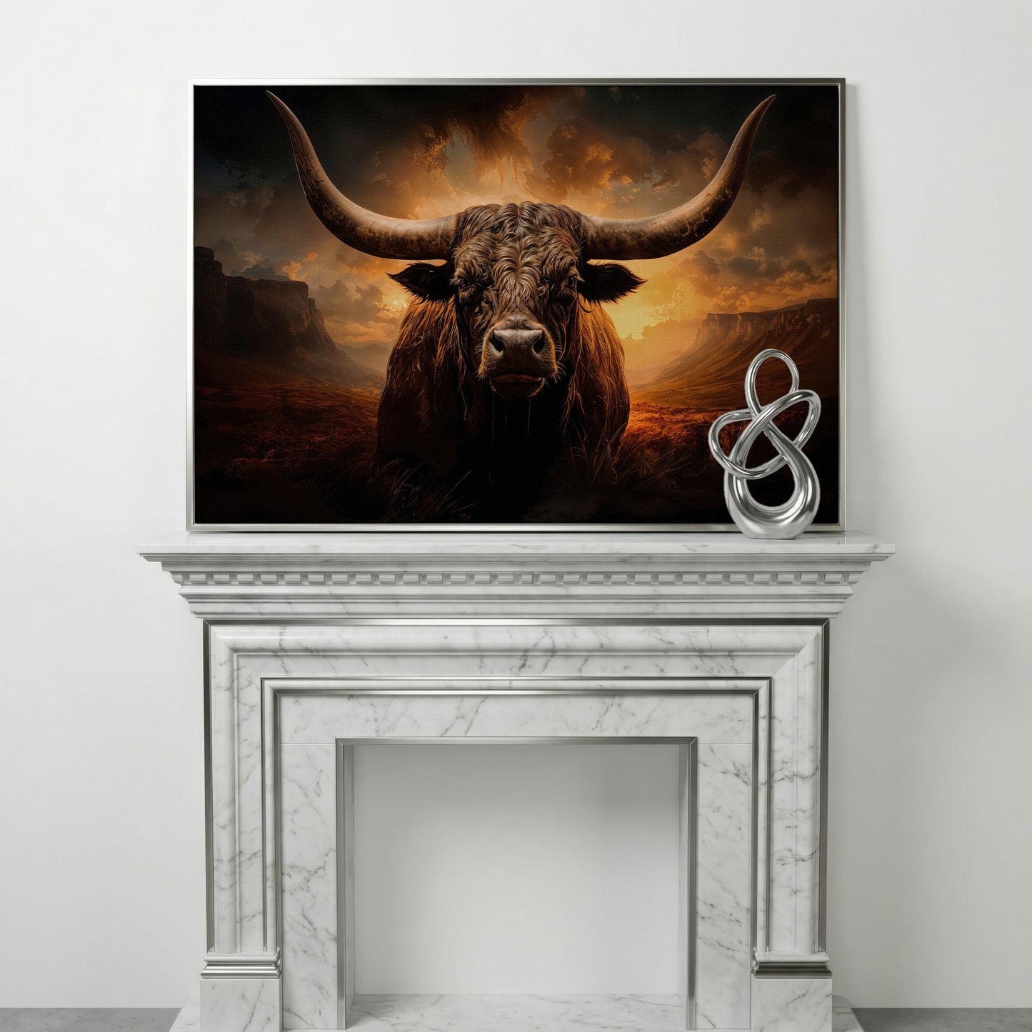 Texas Longhorn Bull Canvas Print in silver floating frame