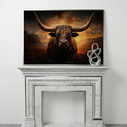 Texas Longhorn Bull Canvas Print in silver floating frame