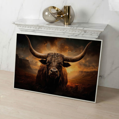 Texas Longhorn Bull Canvas Print in white floating frame