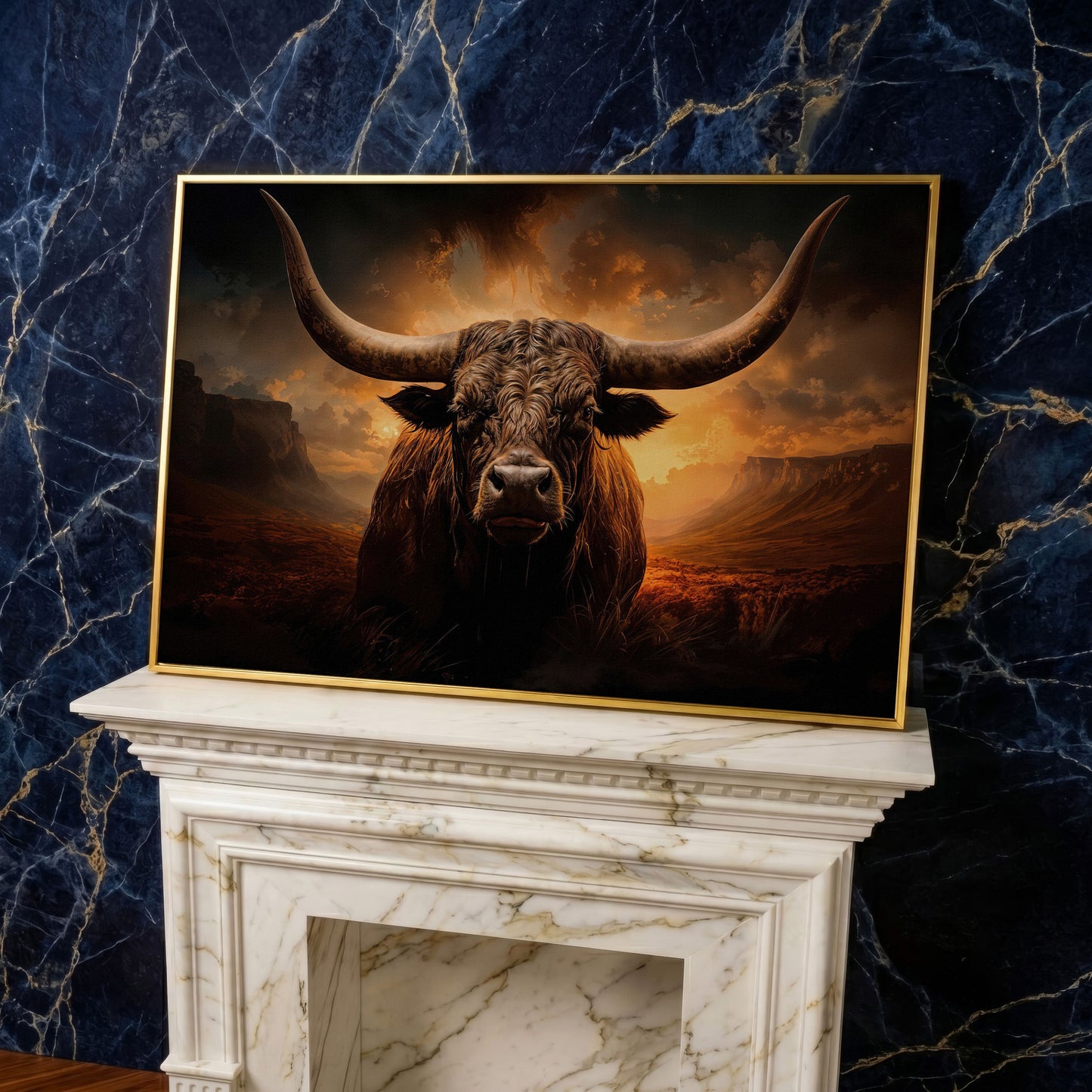 Texas Longhorn Bull Canvas Print in yellow gold floating frame