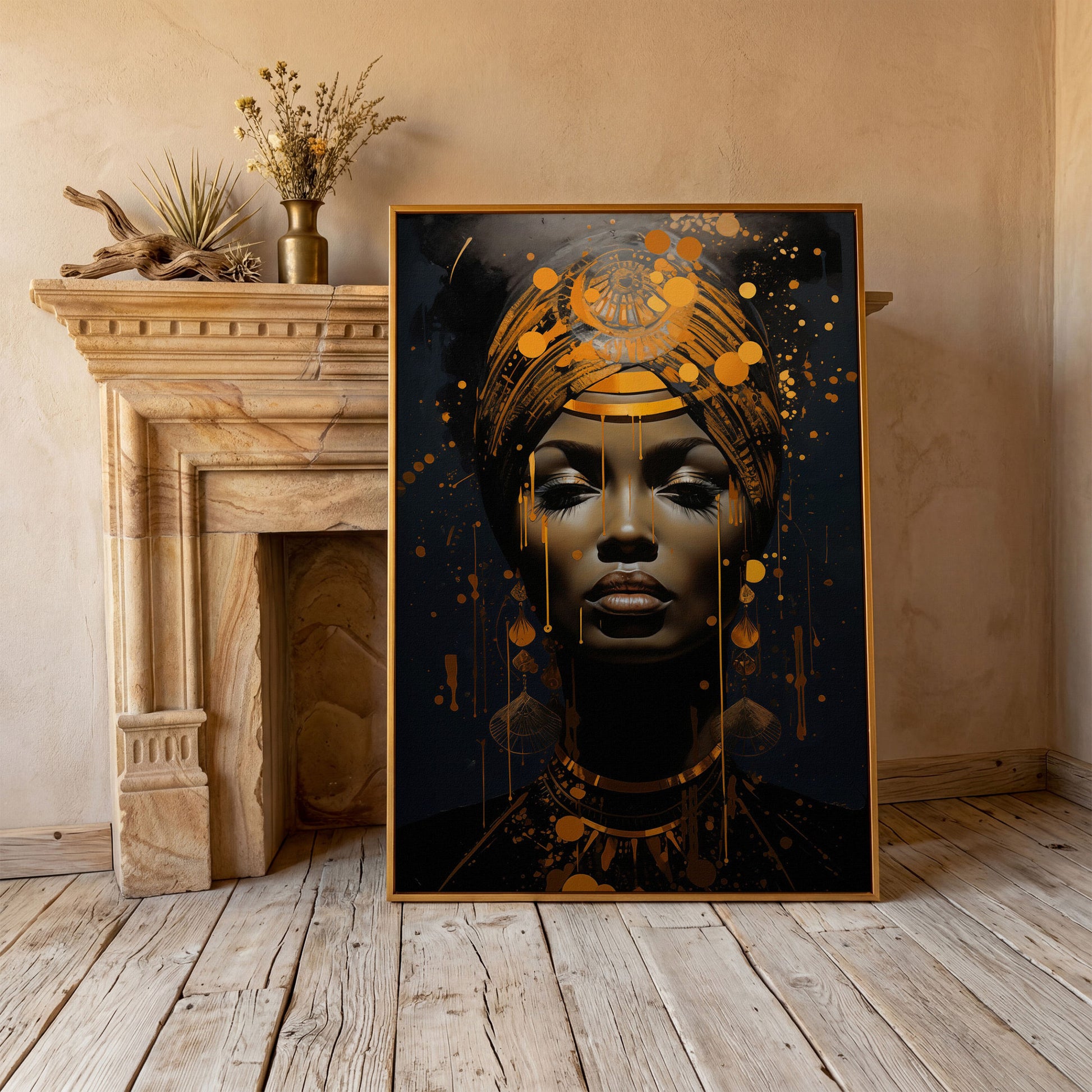 African American Woman in Gold. Portrait Canvas in antique gold floating frame