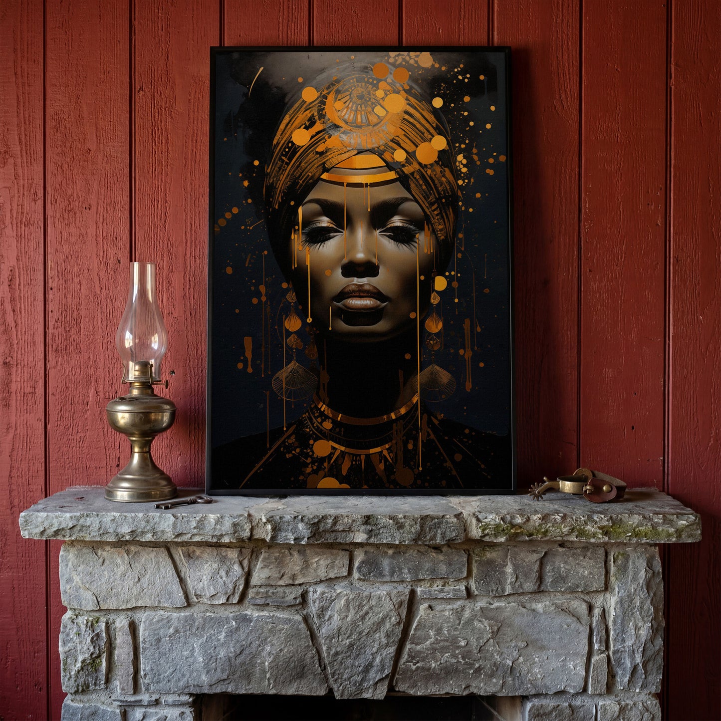 African American Woman in Gold. Portrait Canvas in black floating frame