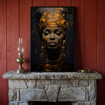 African American Woman in Gold. Portrait Canvas in black floating frame