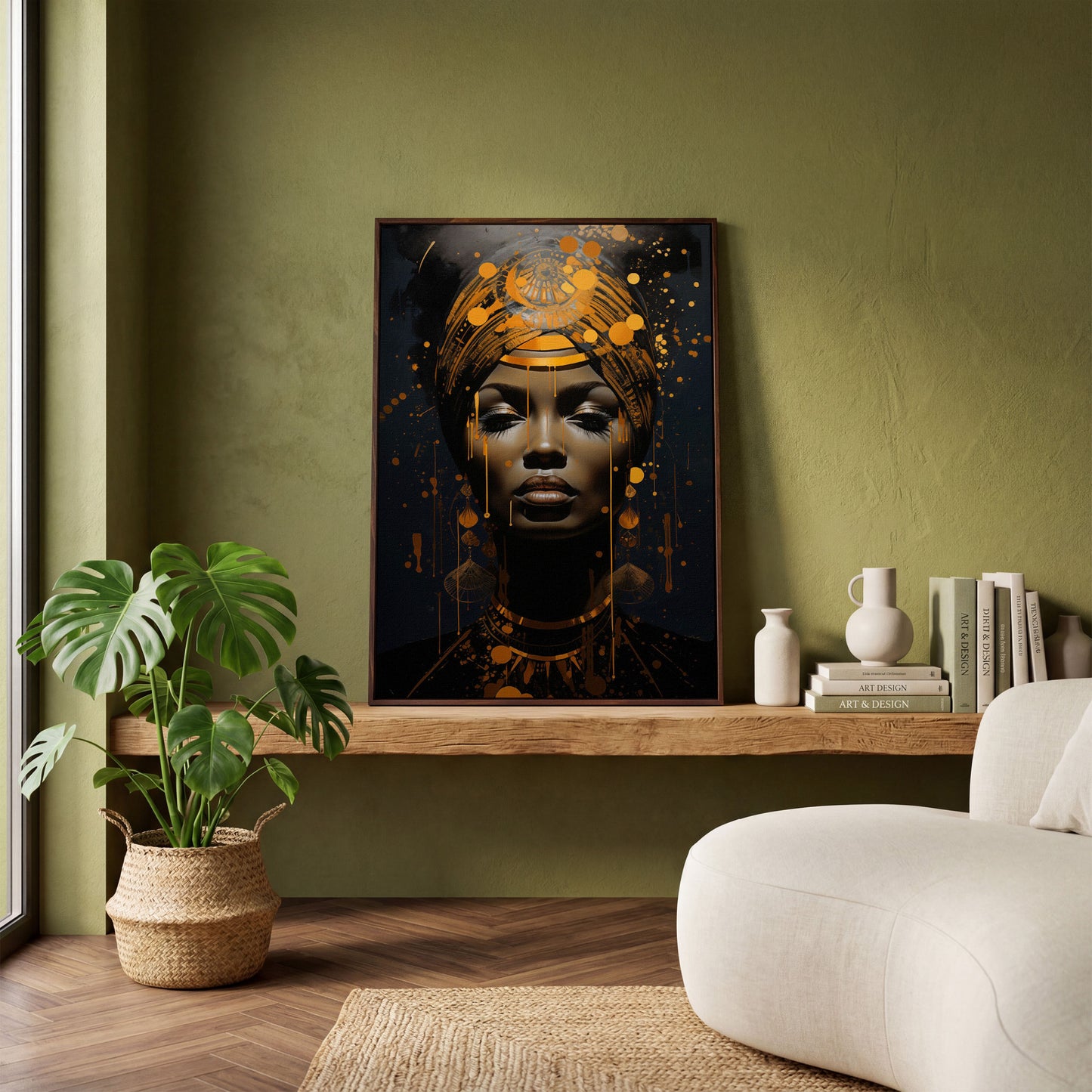 African American Woman in Gold. Portrait Canvas in dark walnut floating frame