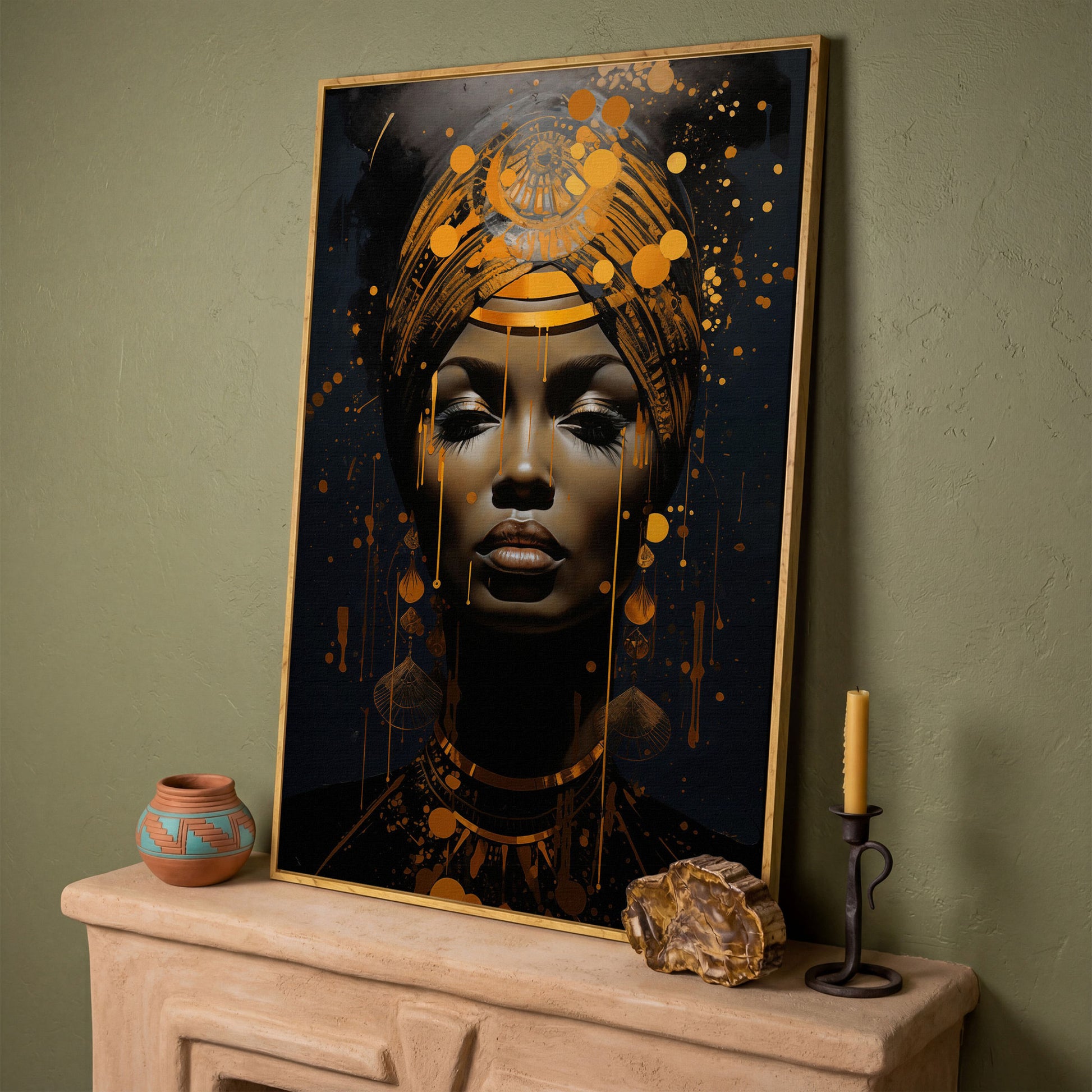 African American Woman in Gold. Portrait Canvas in white oak floating frame