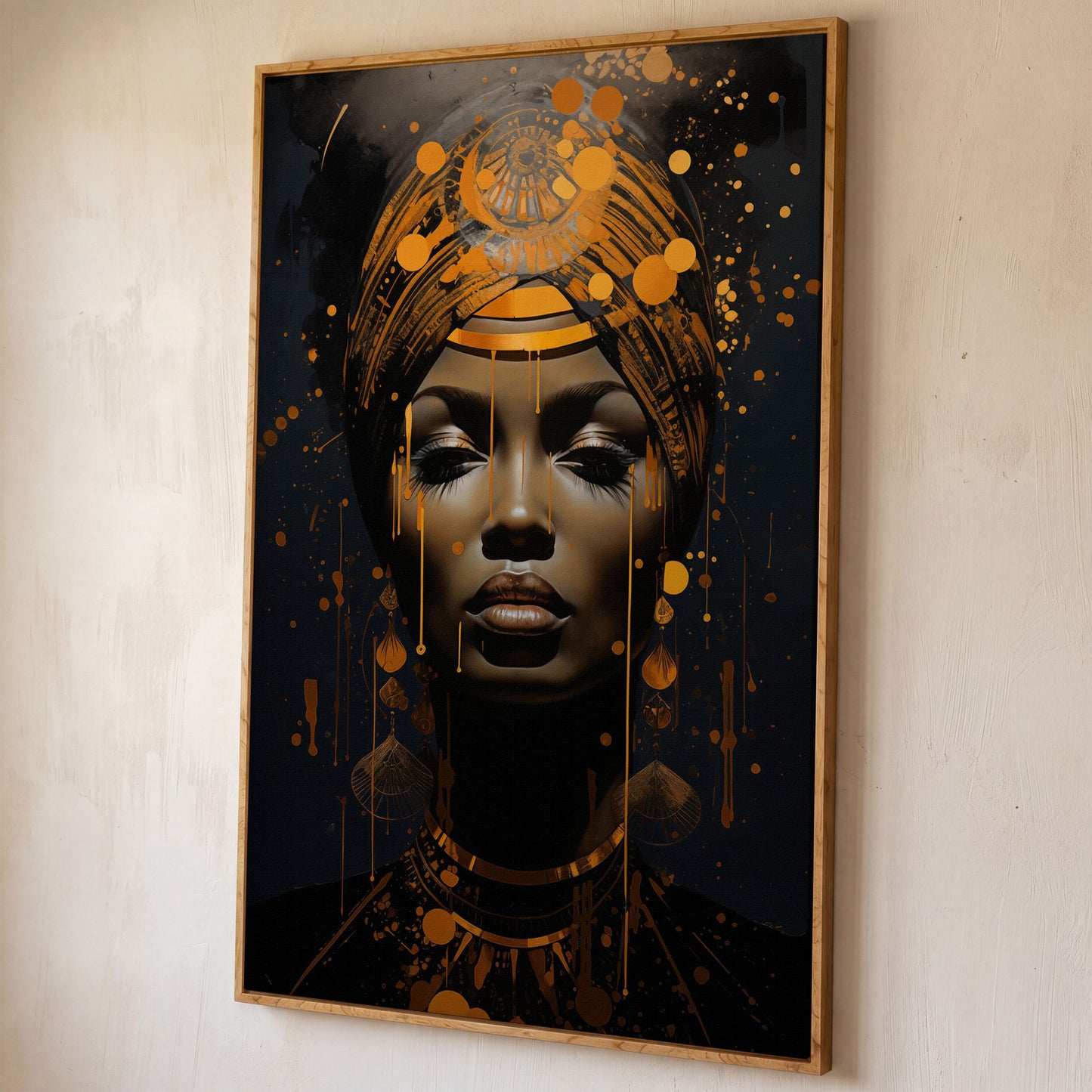 African American Woman in Gold. Portrait Canvas shown in white oak floating frame