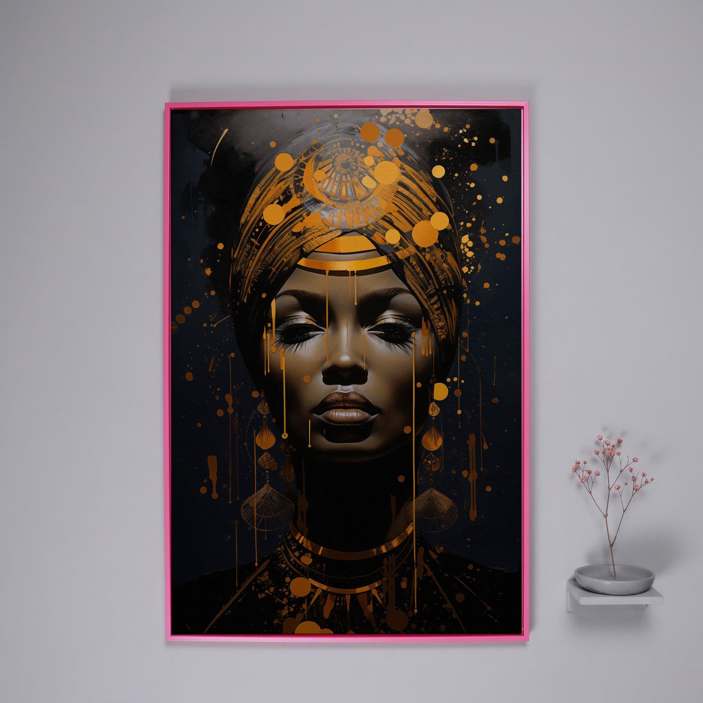 African American Woman in Gold. Portrait Canvas in pink floating frame