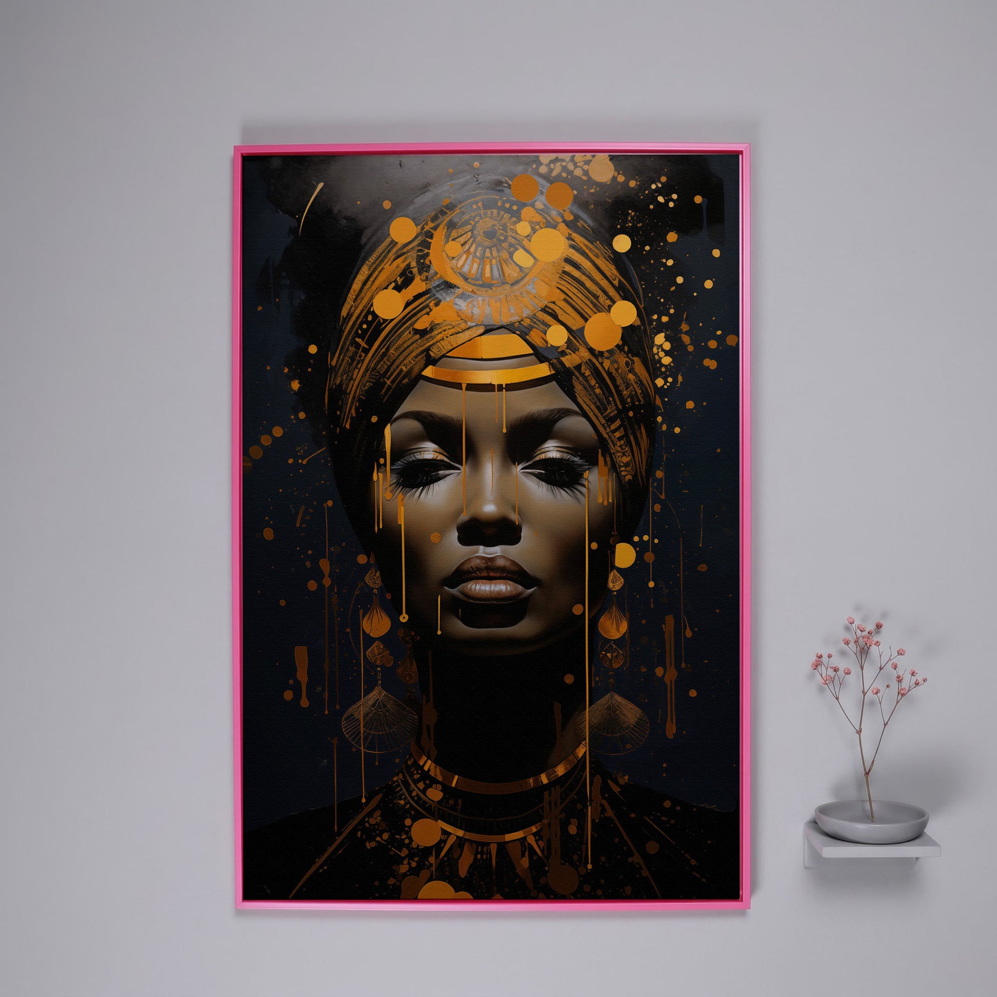 African American Woman in Gold. Portrait Canvas in pink floating frame