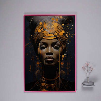 African American Woman in Gold. Portrait Canvas in pink floating frame