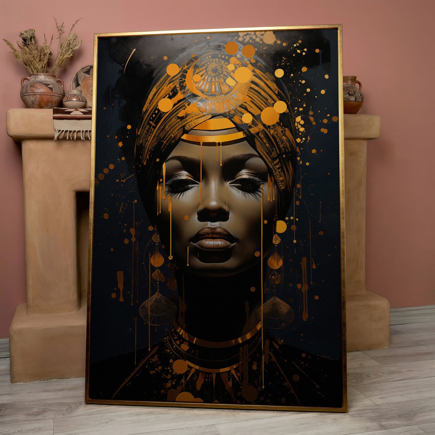 African American Woman in Gold. Portrait Canvas in rose gold floating frame