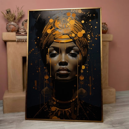 African American Woman in Gold. Portrait Canvas in rose gold floating frame