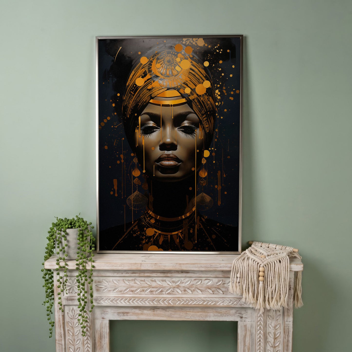 African American Woman in Gold. Portrait Canvas in silver floating frame