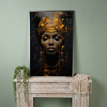 African American Woman in Gold. Portrait Canvas in silver floating frame