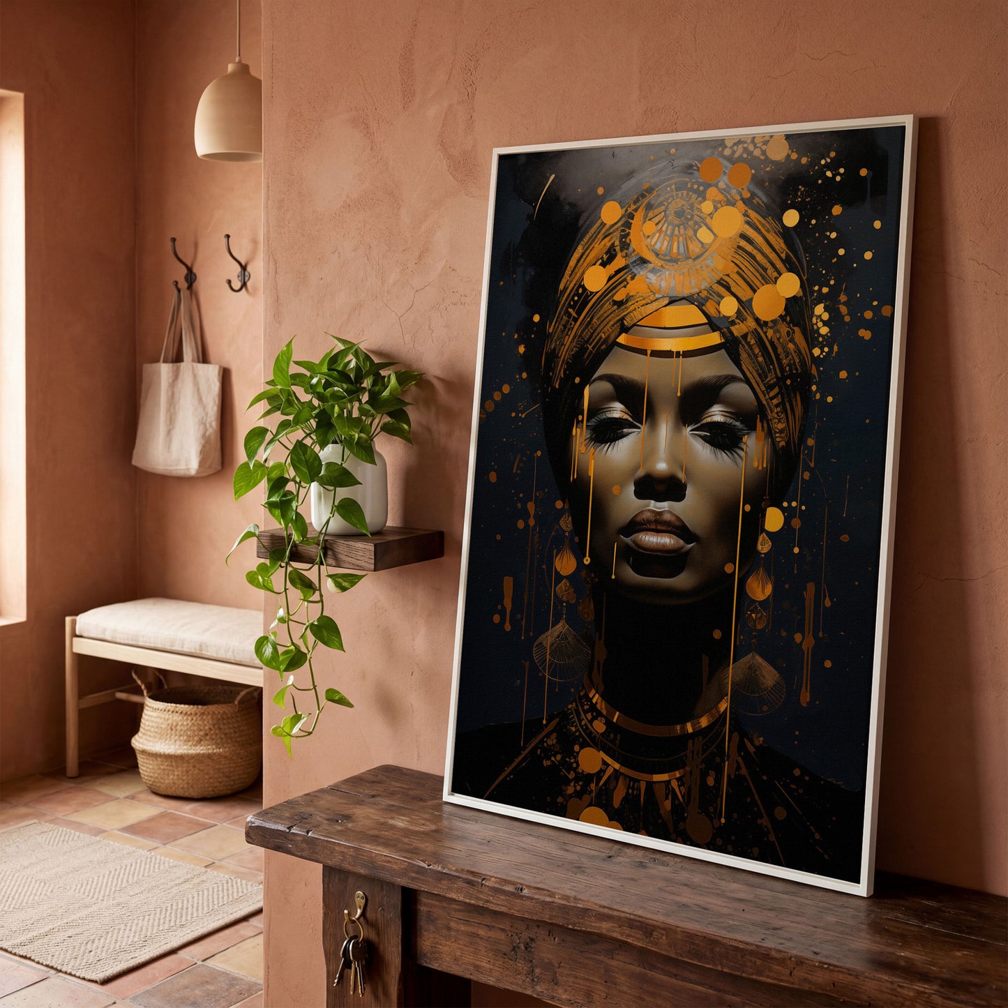 African American Woman in Gold. Portrait Canvas in white floating frame