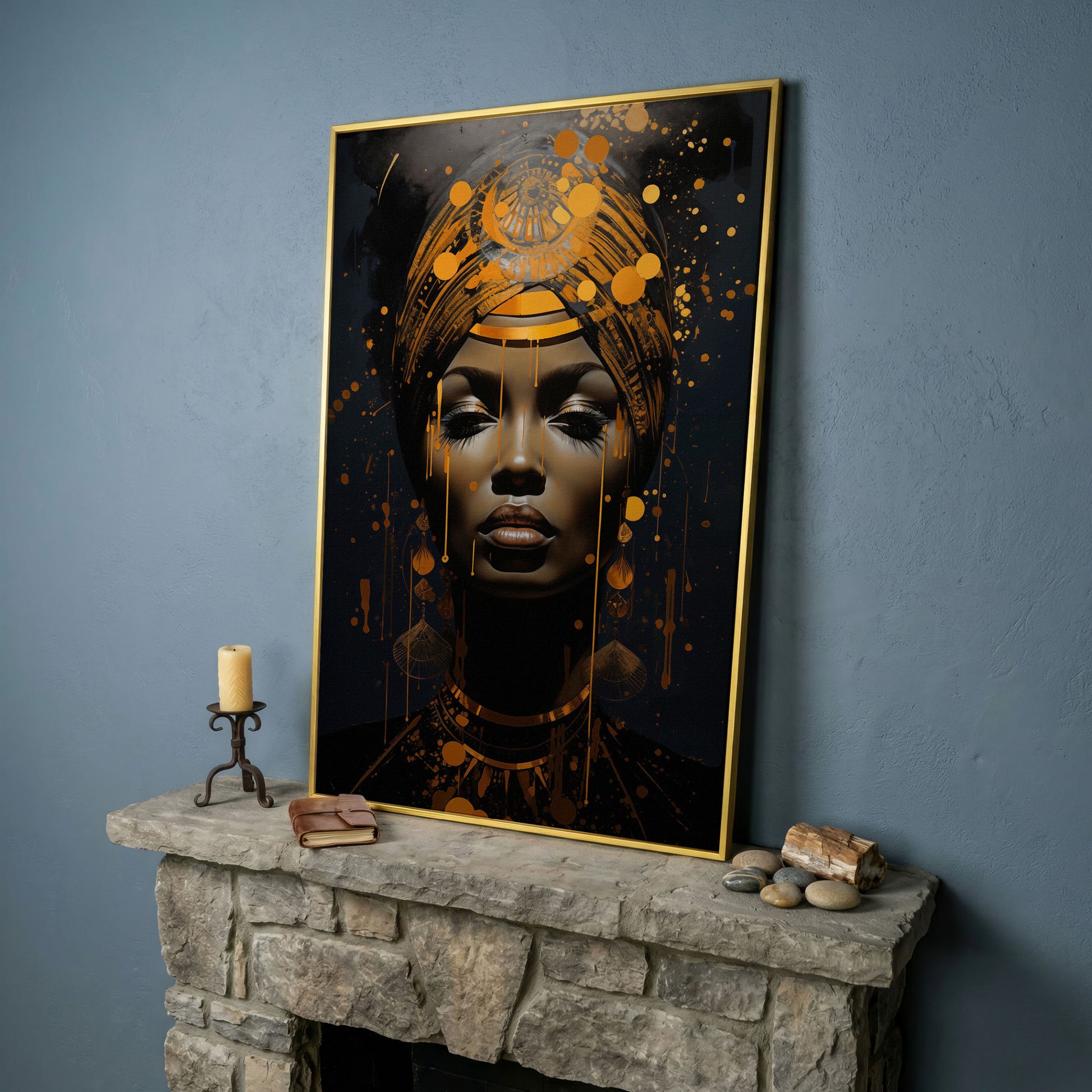 African American Woman in Gold. Portrait Canvas in yellow gold floating frame