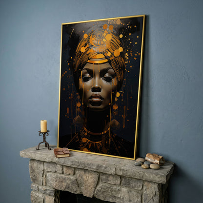 African American Woman in Gold. Portrait Canvas in yellow gold floating frame