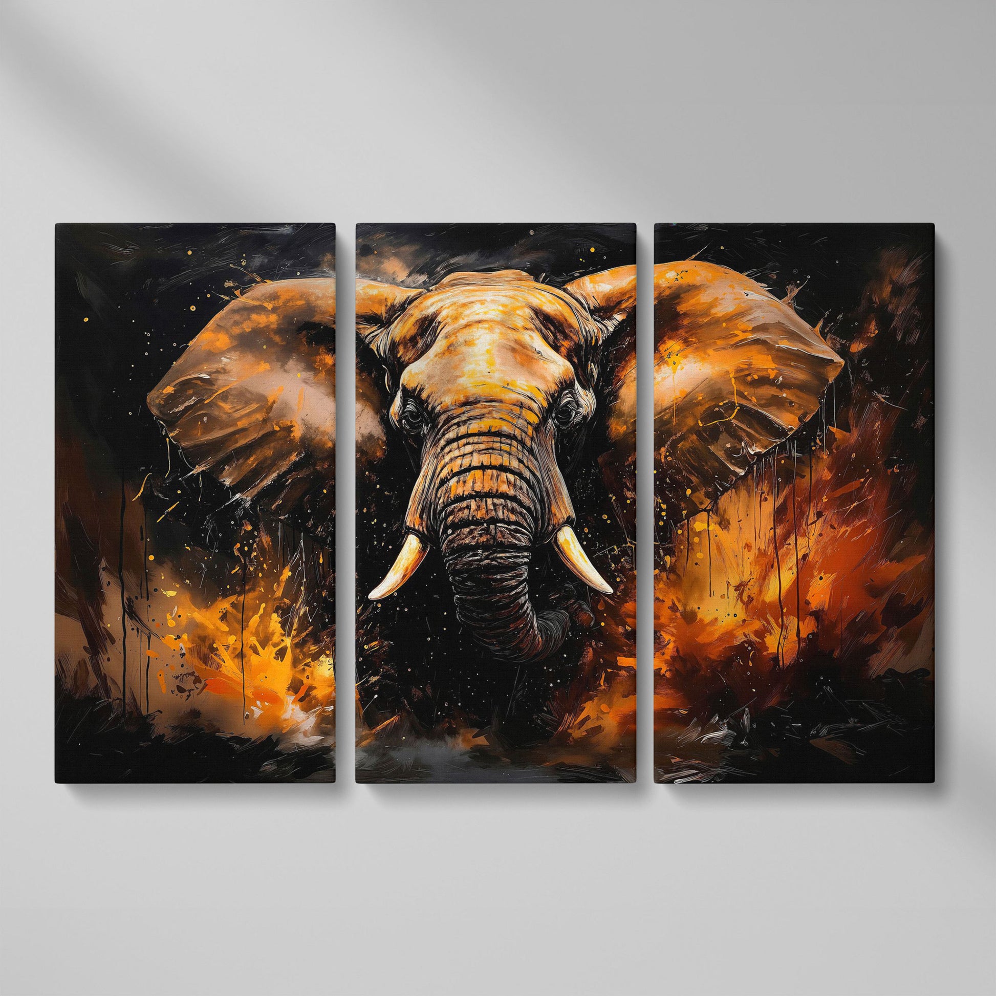 Abstract Elephant Canvas Print in Burnt Sienna & Black as 3-panel split version