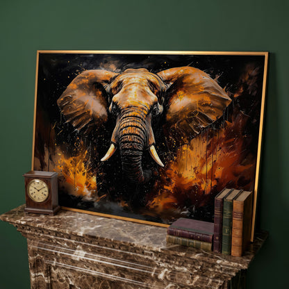Abstract Elephant Canvas Print in Burnt Sienna & Black in antique gold floating frame