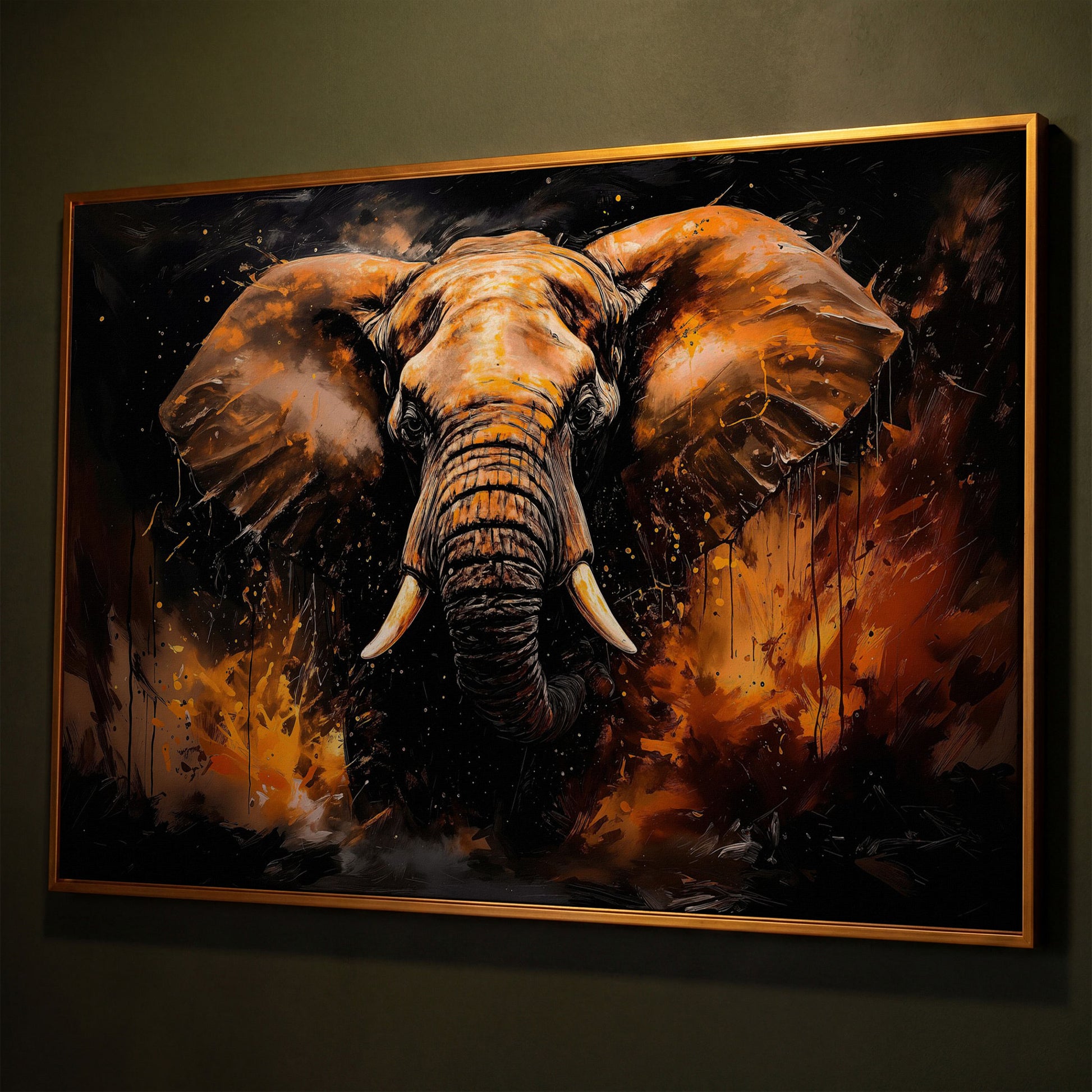 Abstract Elephant Canvas Print in Burnt Sienna & Black shown in antique gold floating frame