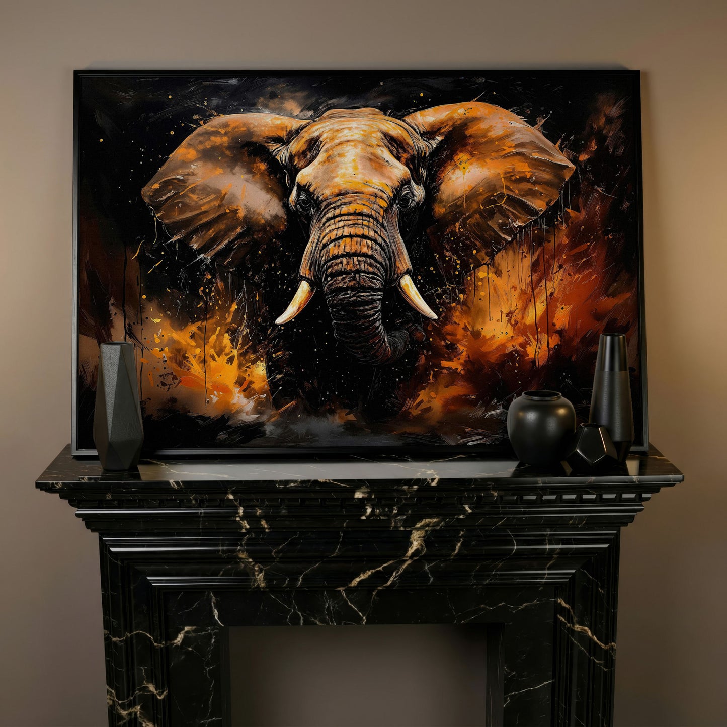 Abstract Elephant Canvas Print in Burnt Sienna & Black in black floating frame