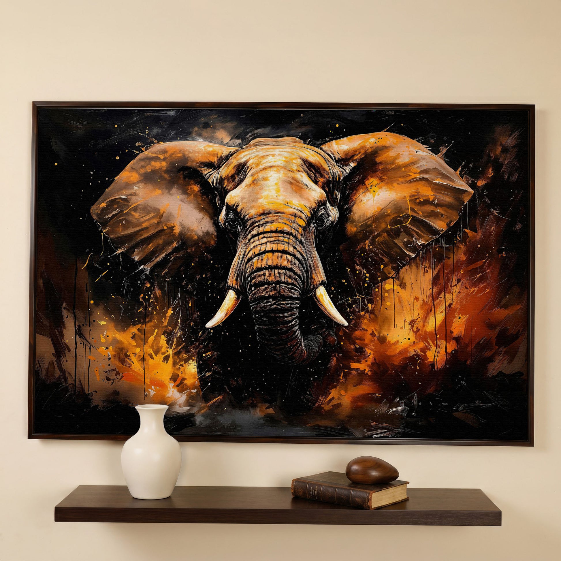 Abstract Elephant Canvas Print in Burnt Sienna & Black in dark walnut floating frame