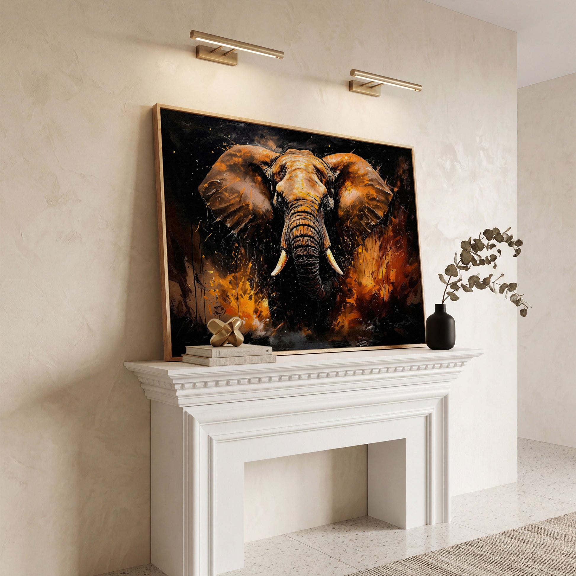 Abstract Elephant Canvas Print in Burnt Sienna & Black in white oak floating frame