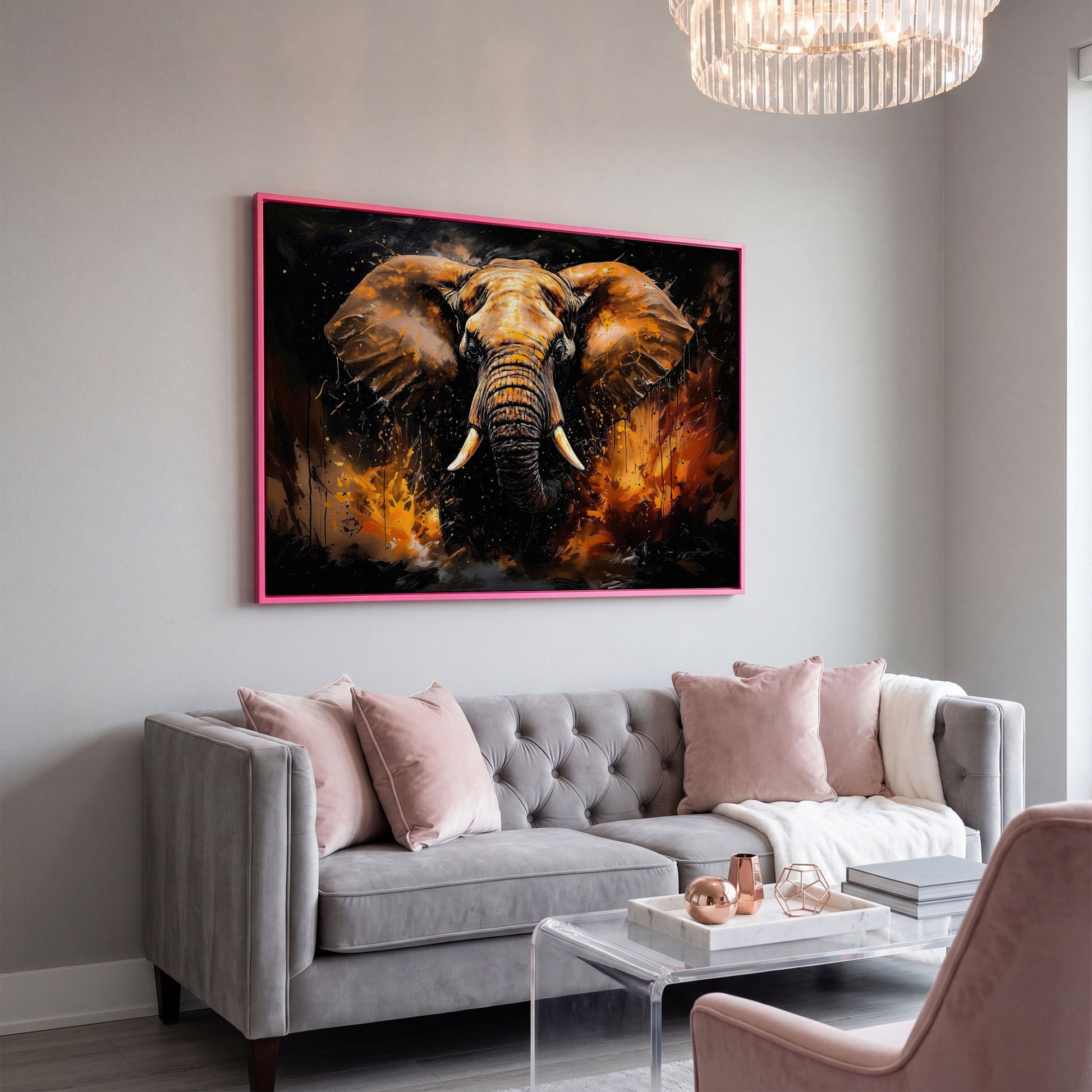 Abstract Elephant Canvas Print in Burnt Sienna & Black in pink floating frame