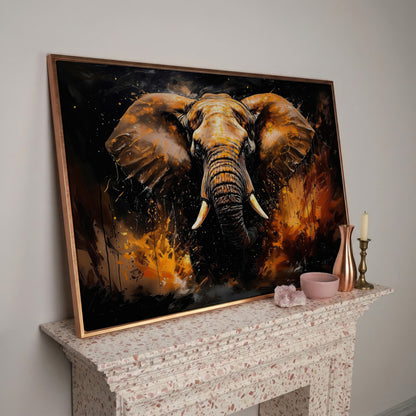Abstract Elephant Canvas Print in Burnt Sienna & Black in rose gold floating frame