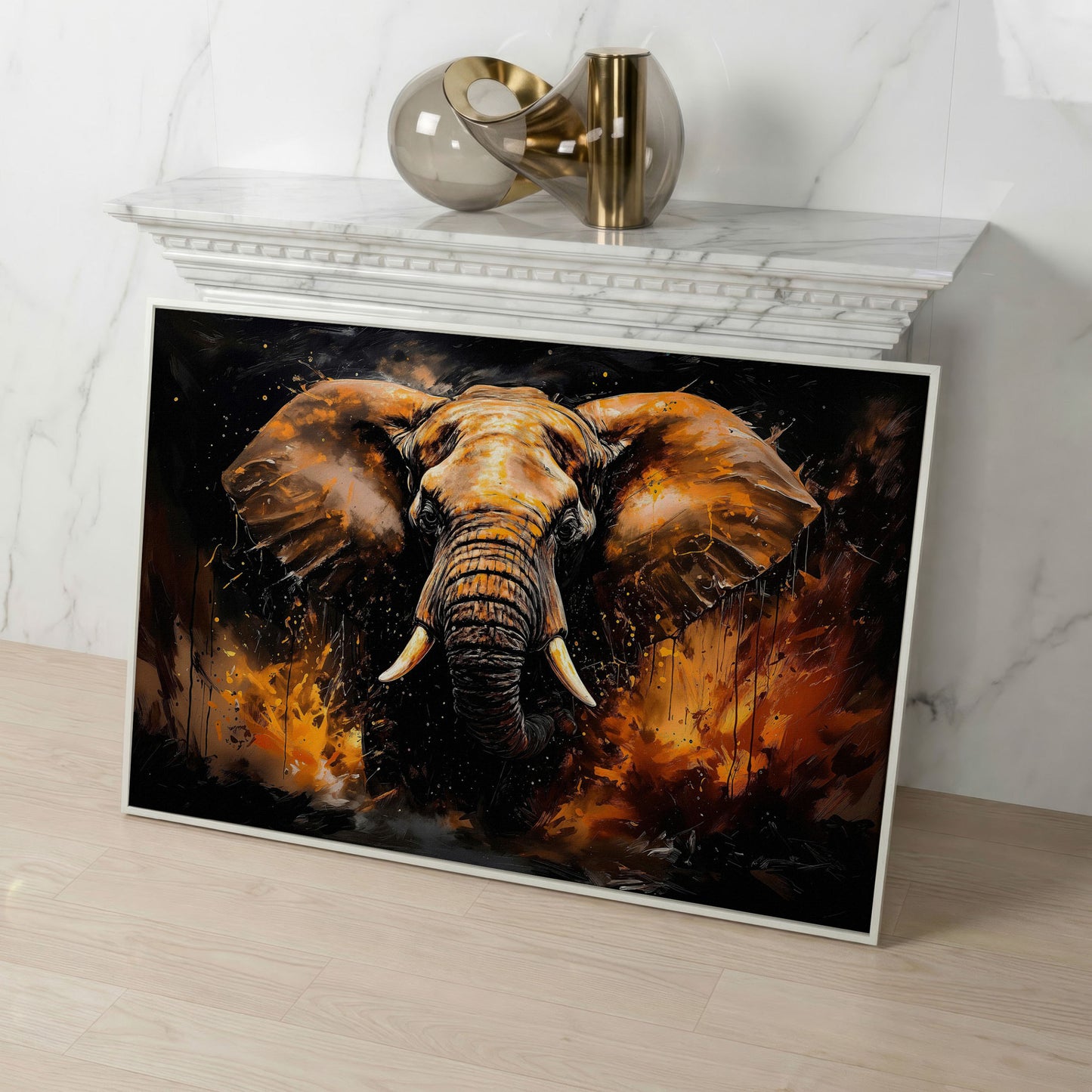 Abstract Elephant Canvas Print in Burnt Sienna & Black in white floating frame