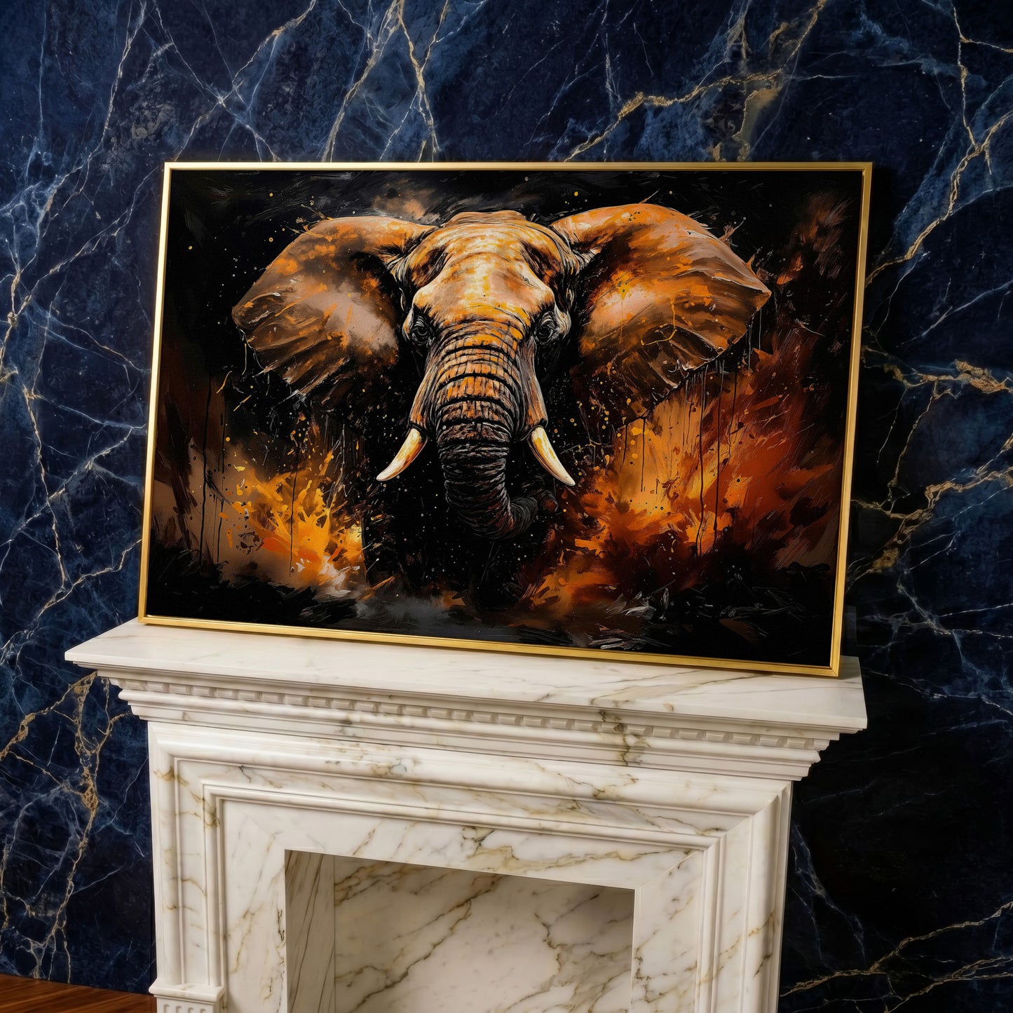 Abstract Elephant Canvas Print in Burnt Sienna & Black in yellow gold floating frame