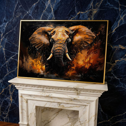 Abstract Elephant Canvas Print in Burnt Sienna & Black in yellow gold floating frame