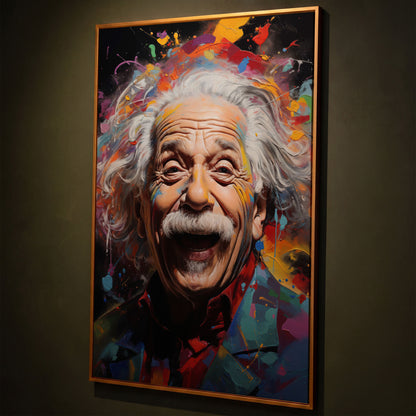 Einstein Laughing Pop Art Canvas shown in antique gold floating frame