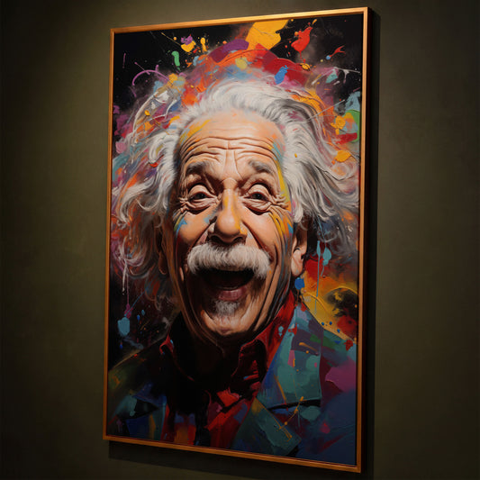 Einstein Laughing Pop Art Canvas shown in antique gold floating frame