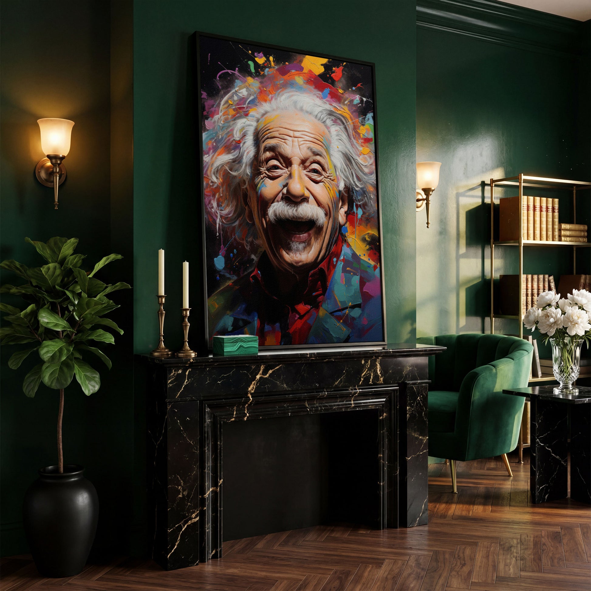 Einstein Laughing Pop Art Canvas in black floating frame
