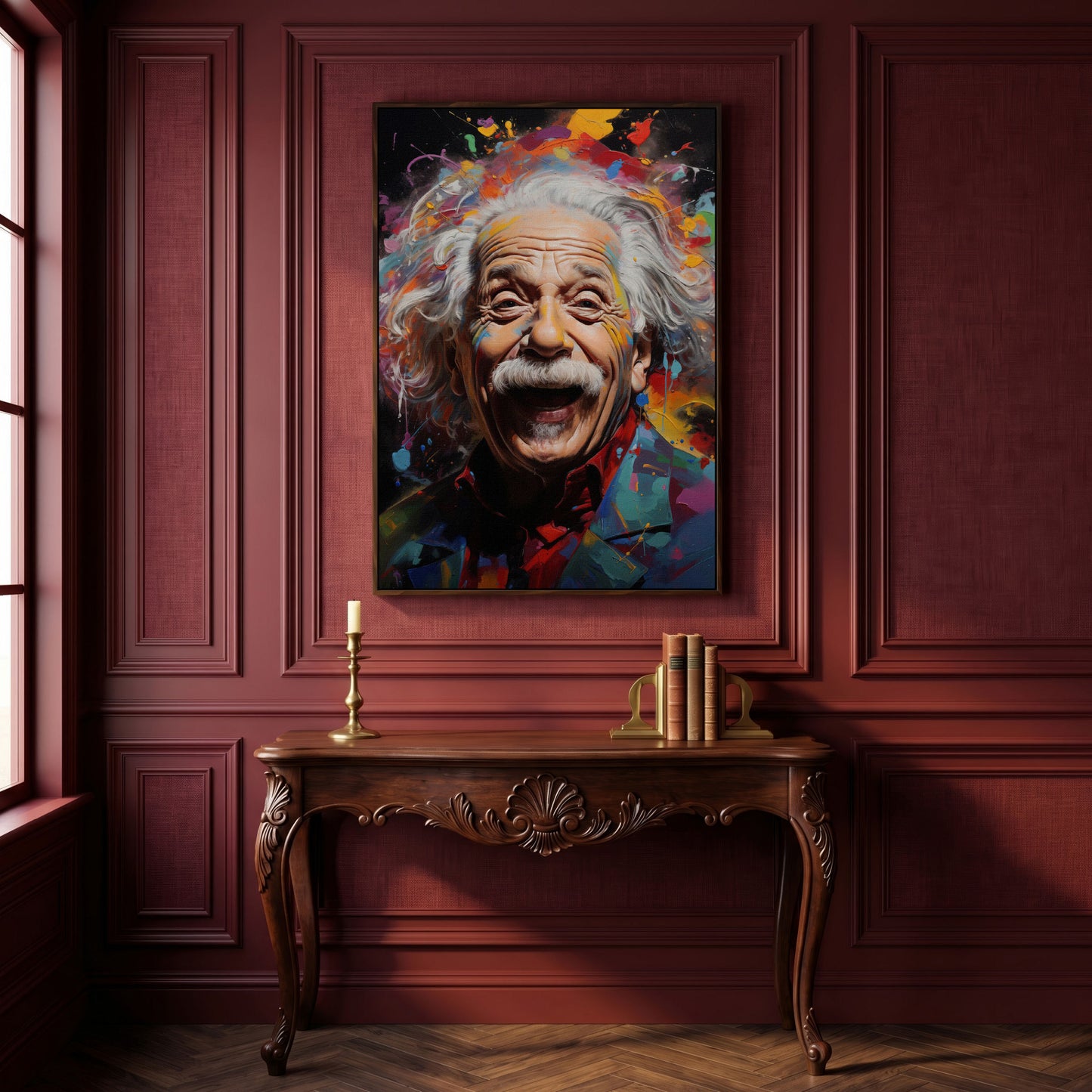 Einstein Laughing Pop Art Canvas in dark walnut floating frame