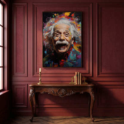 Einstein Laughing Pop Art Canvas in dark walnut floating frame