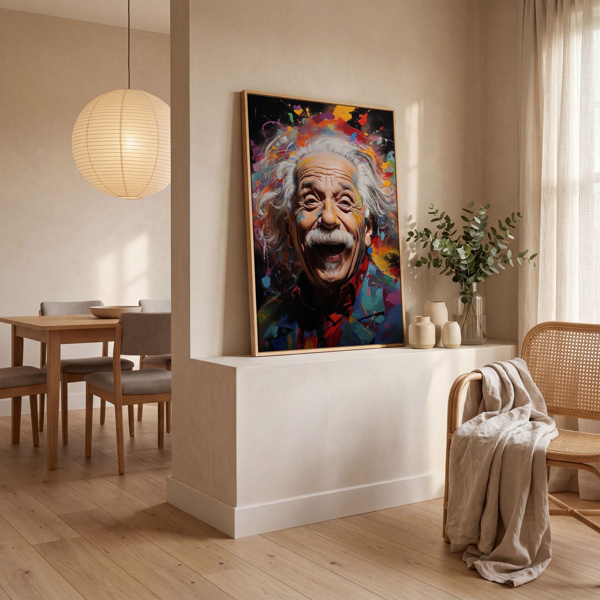 Einstein Laughing Pop Art Canvas in white oak floating frame