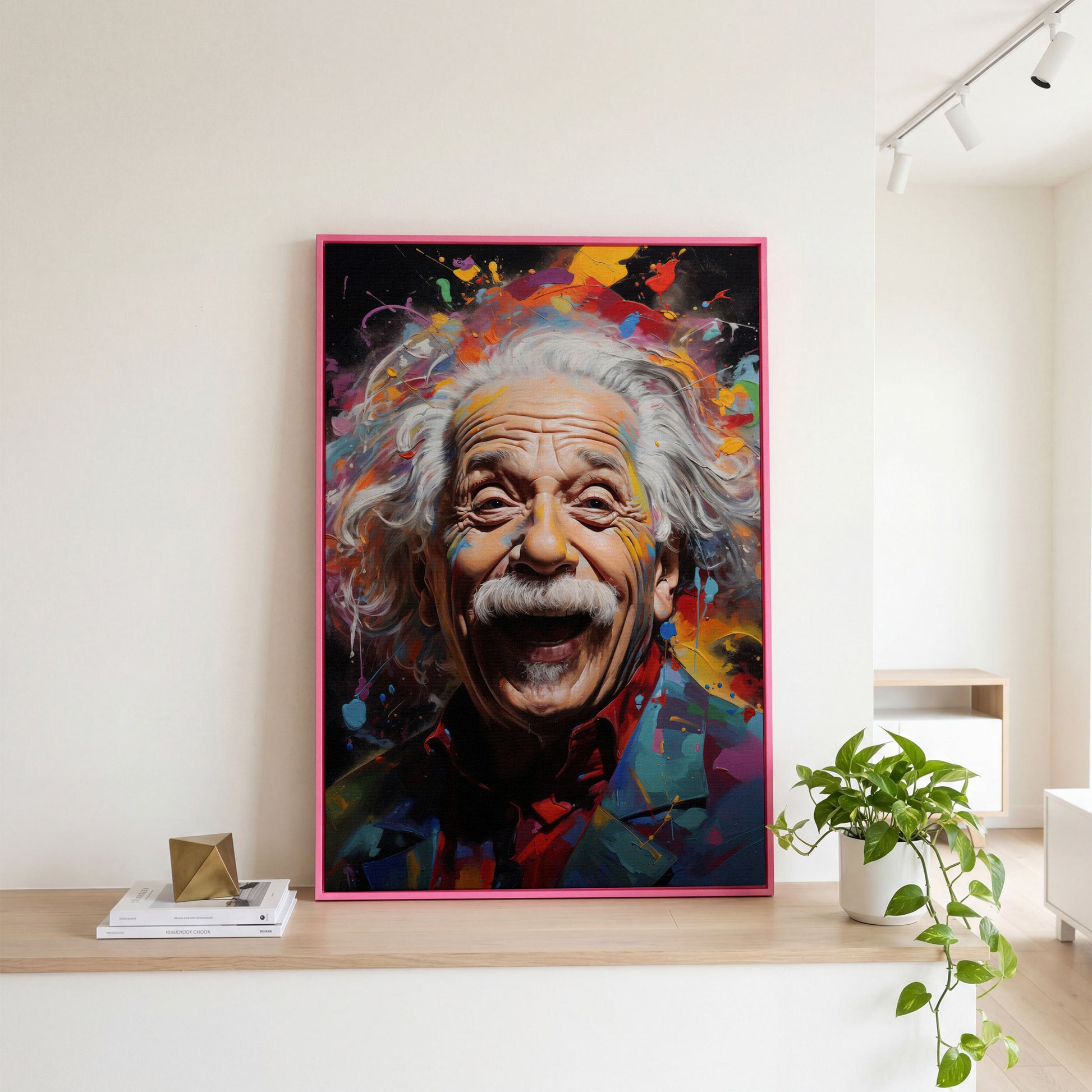 Einstein Laughing Pop Art Canvas in pink floating frame
