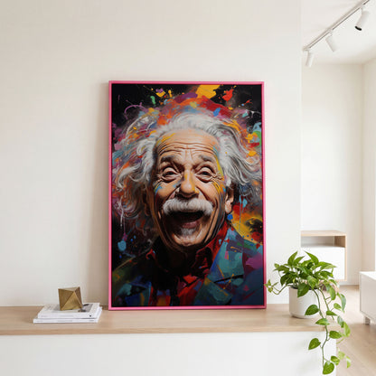Einstein Laughing Pop Art Canvas in pink floating frame