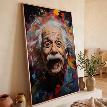 Einstein Laughing Pop Art Canvas in rose gold floating frame
