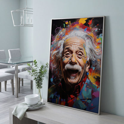 Einstein Laughing Pop Art Canvas in silver floating frame
